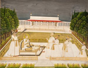 توج محمد شاه على شرفة ليلا مع ضباطه ، ج .1735 (مرحاض غير شفاف وذهب على ورق) بواسطة Jharokha Nidha Mal